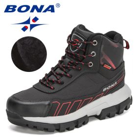 BONA 2022 New Designers Action Leather Winter Brand Snow Boots Men Super Warm Ankle Boots Man Plush Hiking Soft Boots Mansculino (Color: Black red)