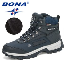 BONA 2022 New Arrival Pro-Mountain Ankle Hiking Boots Men Outdoor Sports Plush Warm High Top Walking Training Footwear Masculino (Color: Deep blue S gray)