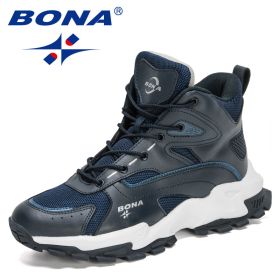 BONA 2022 New Designers Outdoor Mountain Desert Climbing Shoes Men Ankle Hiking Boots Man High Top Winter Boots Mansculino Comfy (Color: Deep blue S gray)