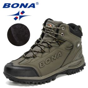 BONA 2022 New Designers Popular Hiking Boots Men Snow Warm Sneakers Man Padded Trekking Winter Action Leather High Top Footwear (Color: Army green S gray)