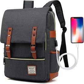 Vintage Laptop Backpack with USB Charging Port, Water Resistant Travelling Backpack (Color: Black)